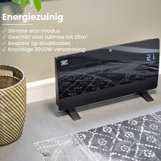 QLT Curved Glass Heating Panel - Elektrische Heizung mit App-Steuerung - Badheizung mit Thermostat und Frostschutz - 2000 Watt - Schwarz