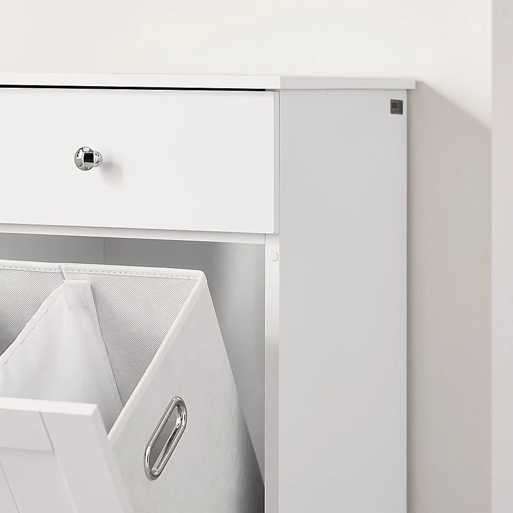 Sobuy Badezimmerschrank mit Wäschekorb – Ausgestattet mit 1 herausnehmbarem Wäschekorb, 1 Tür und 1 Schublade – Für Badezimmer und Waschküche – Weiß lackiertes MDF – 40 x 38 x 90 cm