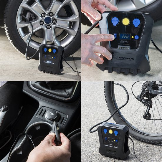 Michelin Compressor Luftpumpe 12 V – Einstellbarer Luftdruck (0,05–7 bar) – Mit USB-Anschluss – Elektrische Luftpumpe – Fahrrad/Auto/Motorrad/Ball/Luftmatratze – Mit verschiedenen Düsen