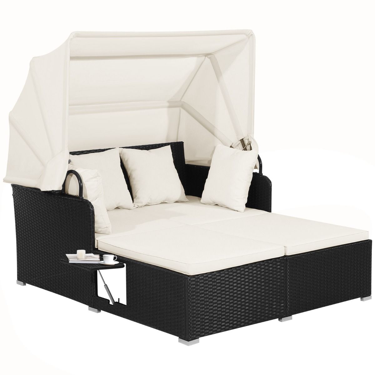Coast Rotan-Liegestuhl für 2 Personen – Mit Dach und ausklappbaren Seitentischen – Schwarz 165 x 153 x 138 cm