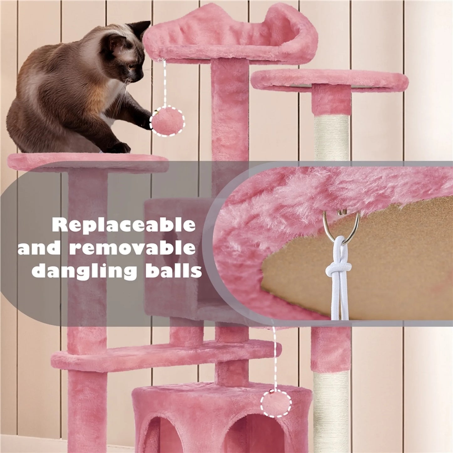 Yaheetech Katzenpfosten mit 3 Aussichtsplattformen - Ausgestattet mit 2 Katzenkörben und Sisalstangen und Spielball mit Glocke - Für Haushalte mit mehreren Katzen - Rosa Plüsch und E1 Spanplatte - 49 x 49 x 139 cm