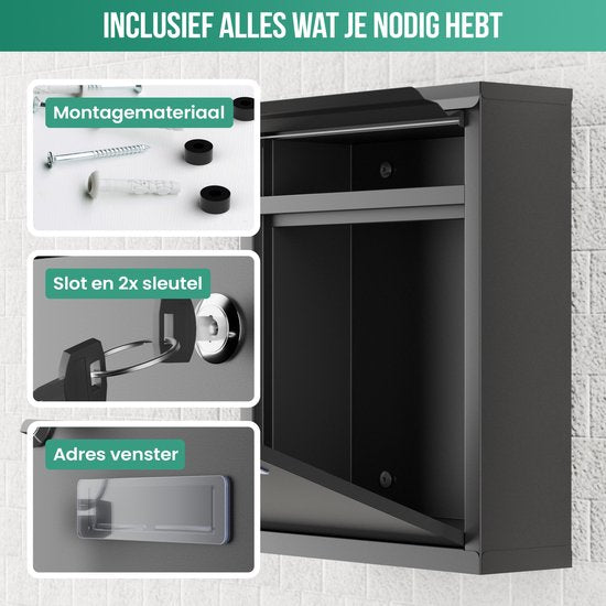 Avalo Briefkasten Schwarz Edelstahl - Wandbriefkasten - Inkl. Montagematerial & 2 Schlüssel