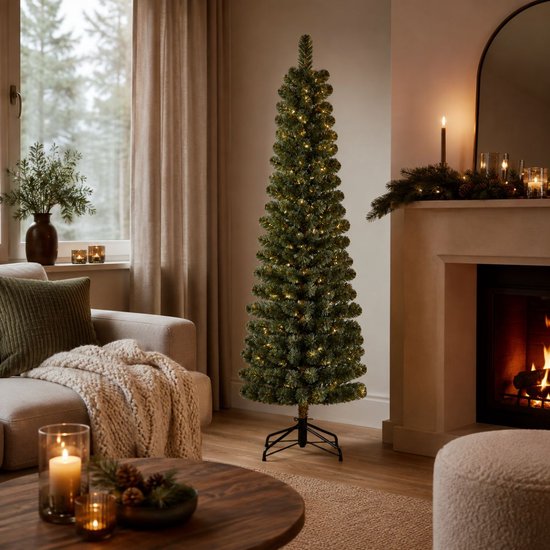 Black Box Trees Charlton Schlanker Baum – Weihnachtsbaum in Säulenform mit Scharnierkonstruktion – Weihnachtsdekoration mit natürlichen PVC-Nadeln – Kunstbaum, schlankes Modell – H 215 x Ø 56 cm – Grün
