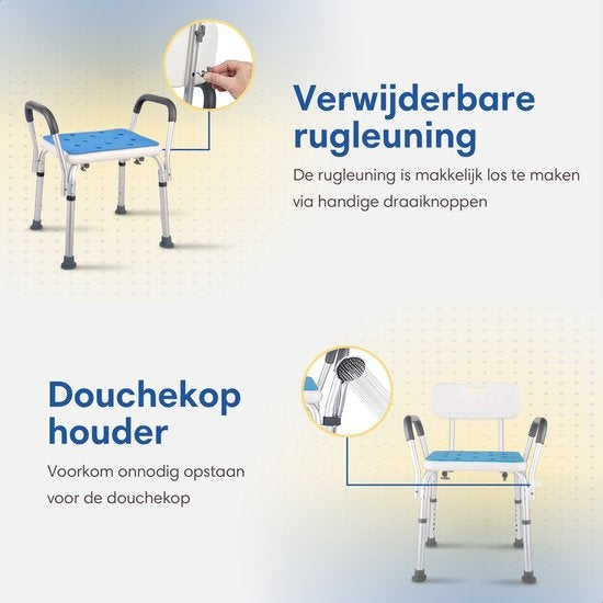SafeLife Duschstuhl - Mit abnehmbarer Rückenlehne und Armlehne - Rutschfest - Höhenverstellbar - Duschhocker