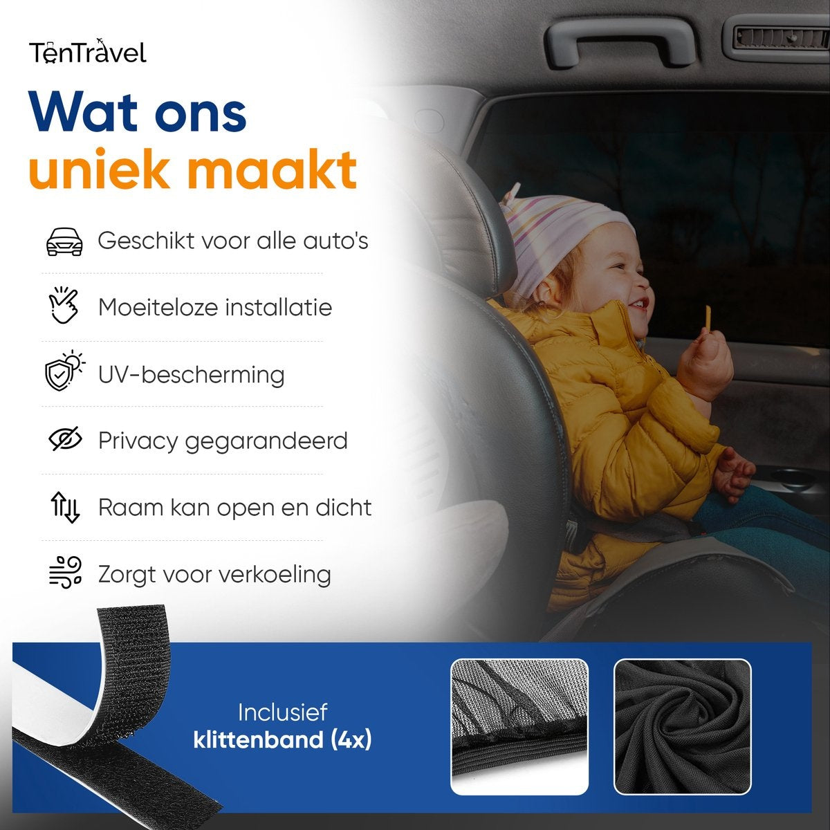 TenTravel Auto Sonnenschutz Set - 120 x 55 cm - UV Schutz 97 % - Seitenfenster - 2 Stück