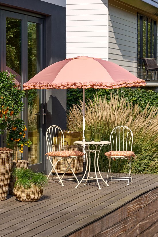 Mica Decorations Kippbarer Sonnenschirm mit Rüschen – Stangensonnenschirm 238 x Ø 195 cm – Garten- oder Balkonsonnenschirm – Polyester, Stahl – Pfirsich