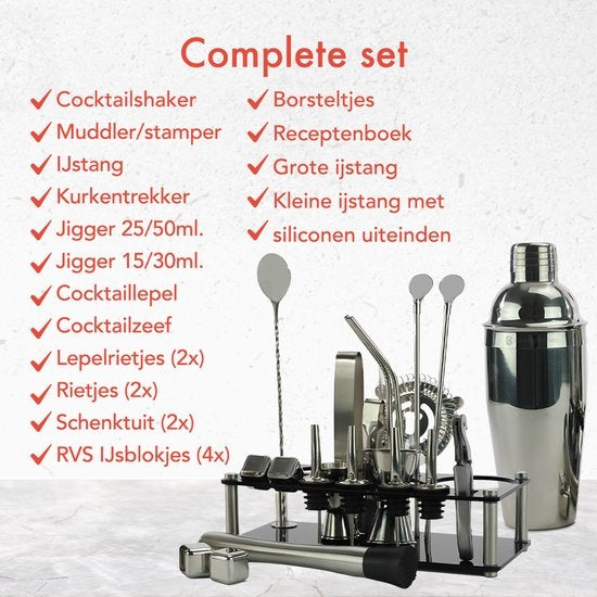 KitchenBrothers Cocktail Set mit Cocktail Shaker - 24 Teile - Umfassendes Set - Geschenkverpackung - Schwarz/Acryl