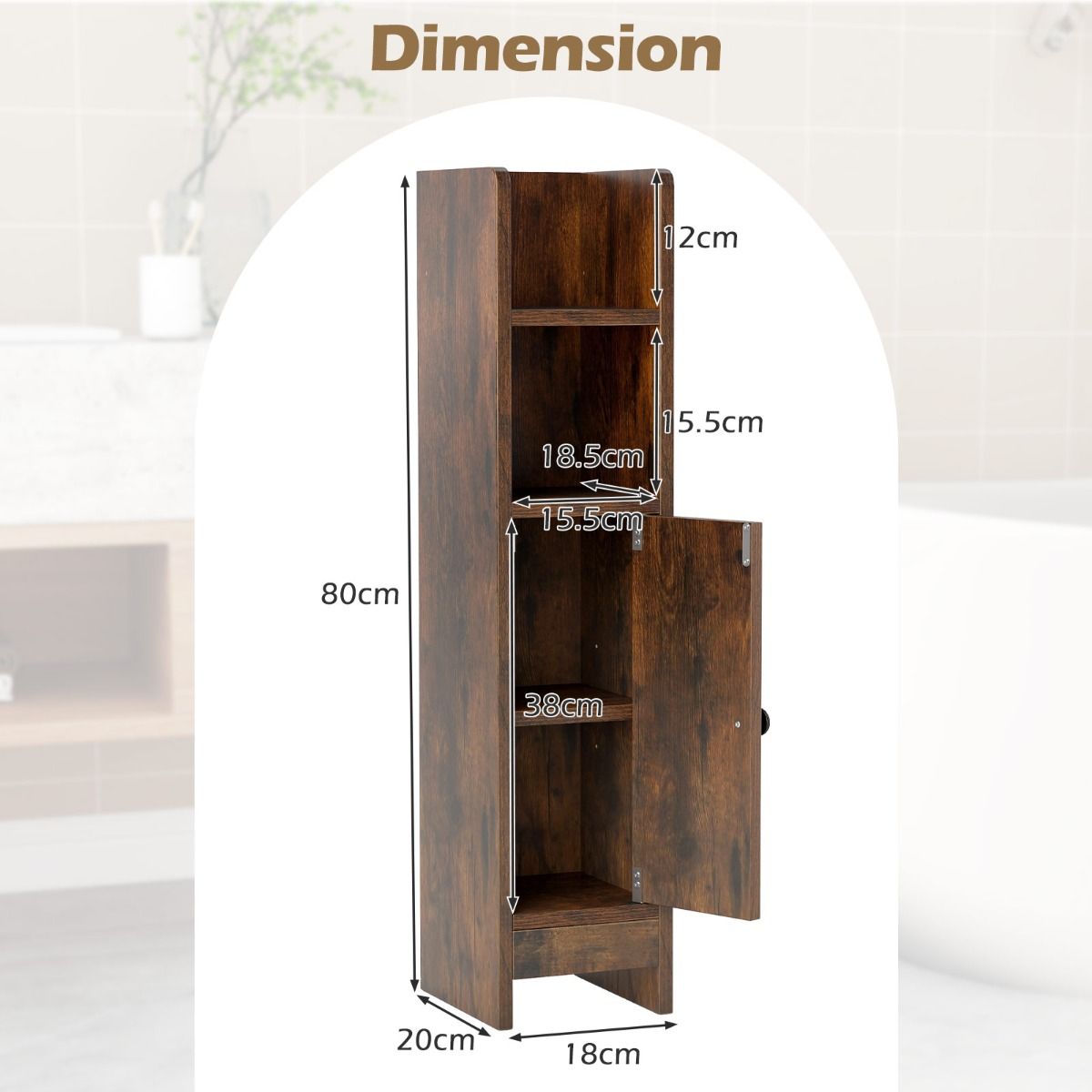 Coast Badezimmerschrank – schmale Ausführung – 2 offene Einlegeböden und ein verstellbarer Einlegeboden – rustikales Braun 20 x 18 x 80 cm