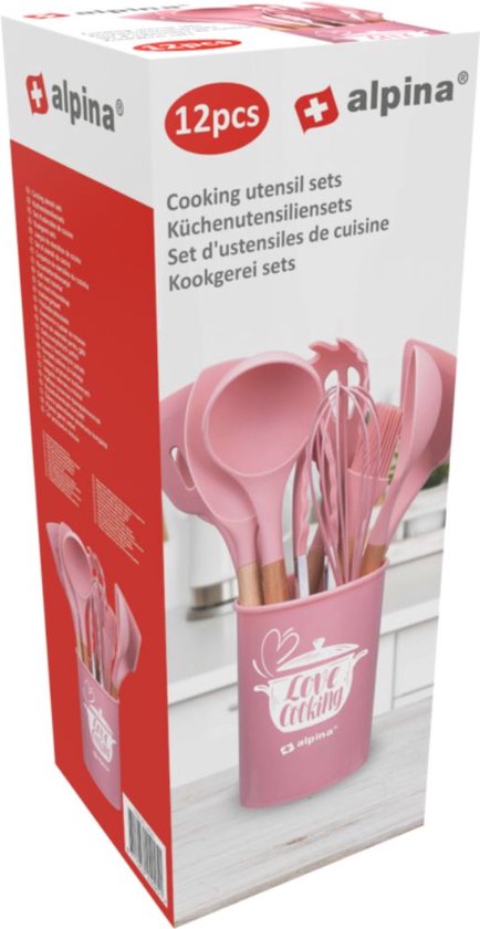 alpina Küchenutensilien-Set mit Halter – 12-teilig – Silikon-Utensilien mit Holzgriff – Rosa