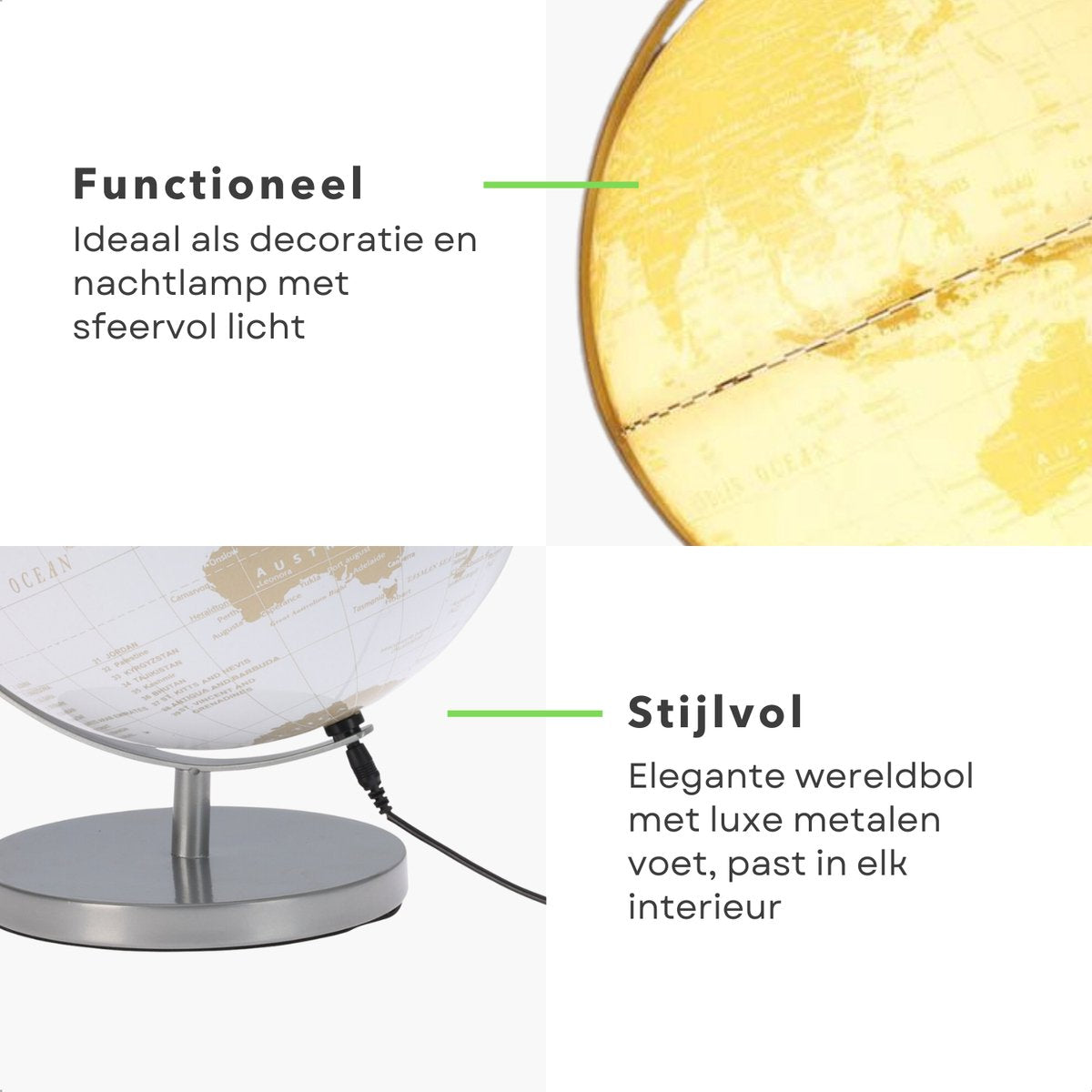 Cheqo® Globuslampe 31 cm - LED-Kugel mit Beleuchtung - Weißgold - Dekorative USB-Kugellampe