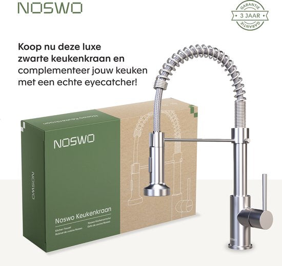 Noswo Küchenarmatur mit herausziehbarem Auslauf - Küchenarmatur - Handbrause - herausziehbar - Flexibler Schlauch - Chrom