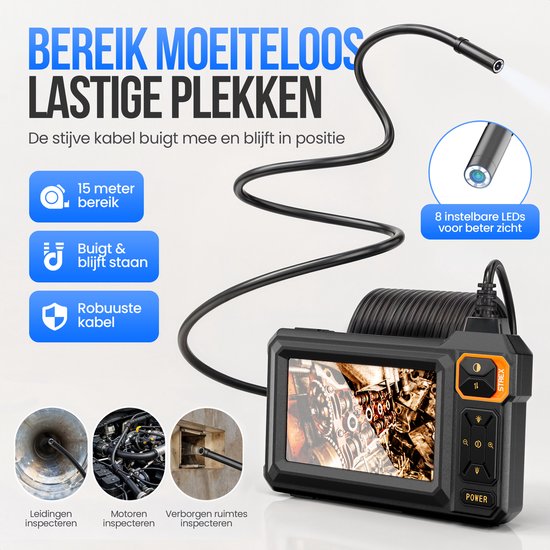 Strex Endoskop mit Bildschirm 15M – Inspektionskamera – Kanalinspektionskamera mit HD-Bild – IP67 wasserdicht – Einstellbare LED-Beleuchtung