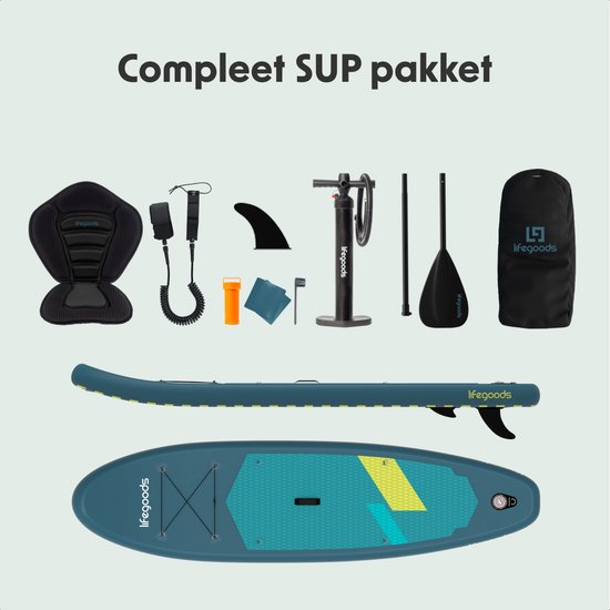 LifeGoods SUP Board All-round Compact - mit Sitz - 100 KG Tragfähigkeit - 300 x 76 cm - Aufblasbar - Komplettes SUP Paket - Cyan/Dunkelgrün