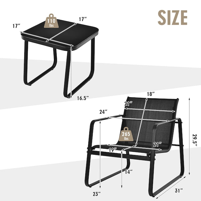 3-tlg. Gartenmöbelset Balkonset mit 2 Stühlen und Tisch - Schwarz, Maße Stuhl 58x60x85 cm, Tisch 60x60x72 cm