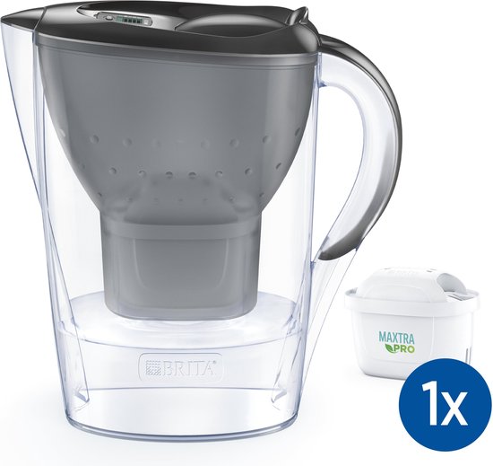 BRITA Marella Wasserfilterkanne Grau – 2,4 l – inkl. 1 MAXTRA PRO Pure Performance Wasserfilter – Passt in den Kühlschrank – Filtert Kalk, Chlor, PFAS, Herbizide, Pestizide und mehr* aus dem Trinkwasser