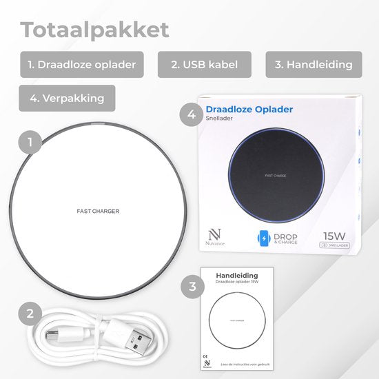 Nuvance - Wireless Charger 15W - Inklusive Kabel - Wireless Charger - Schnelles Ladegerät - Geeignet für alle Qi Smartphones - Weiß und Silber