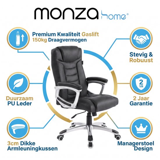 Monza Home® Bürostuhl Schwarz – Ergonomischer Bürostuhl – PU-Leder – Verstellbar – 150 kg Tragkraft – Luxuriöser Chefsessel