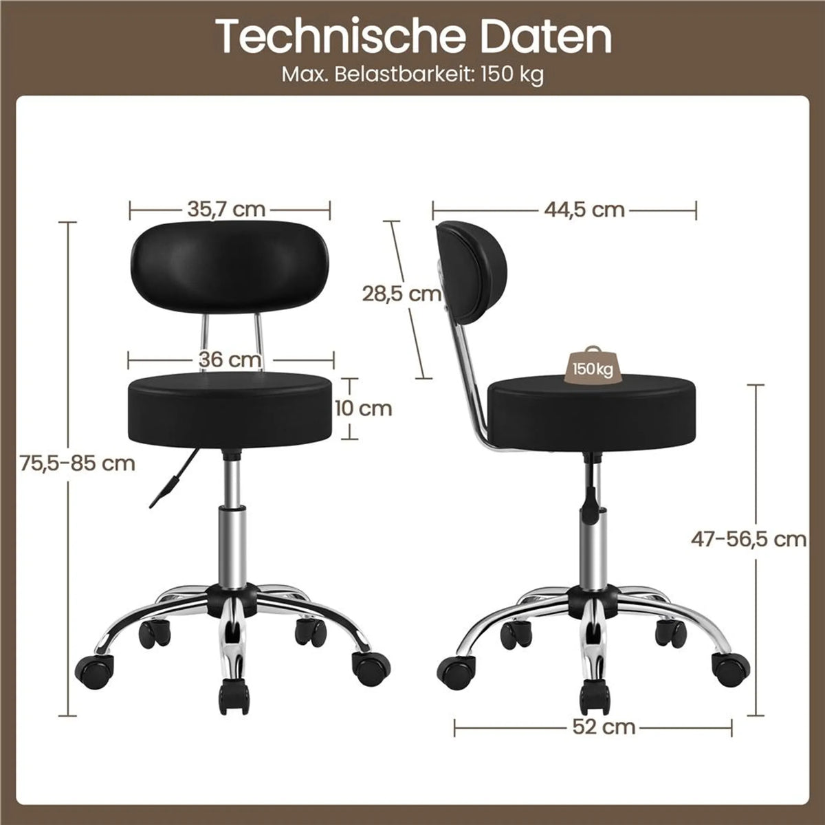 Yaheetech Barhocker Make-up Stuhl - 52 x 44,5 x 75,5-85 cm - Ausgestattet mit 10 cm dicken Sitzkissen und 360° Drehung und verchromtem Metallrahmen - Für Salon und Frisiertisch - Schwarzes Kunstleder und Metall