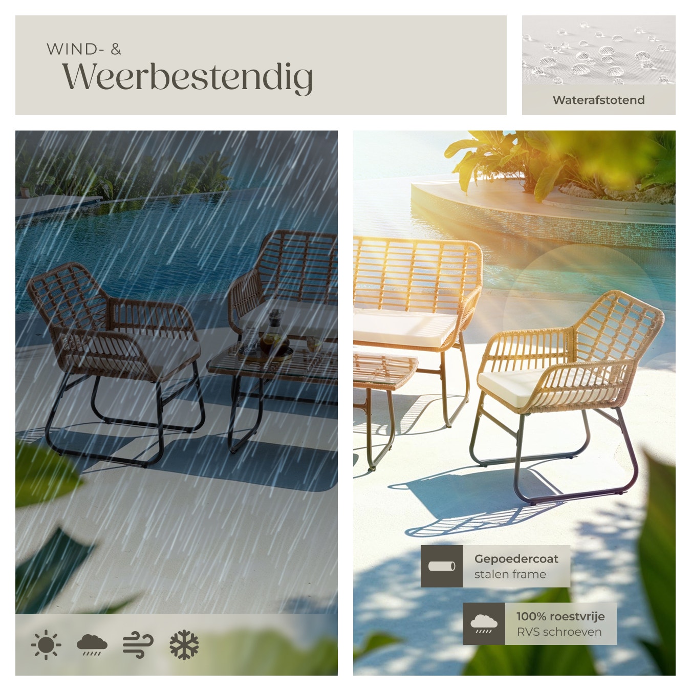 tectake Geflecht-Sitzgruppe Molfetta XL 4 Personen - Sofa 119x68x79 cm, Stühle 57x68x79 cm, Tisch 91x45x42,5 cm