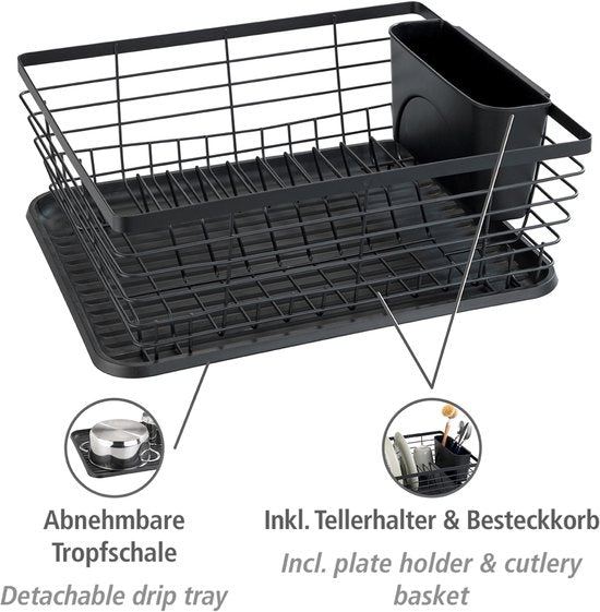 WENKO Abtropfgestell „Drip“, schwarz, 36 x 30 cm, mit Auffangschale und Besteckhalter – Geschirrabtropfgestell – Abtropfgestell mit Auffangschale, schwarz