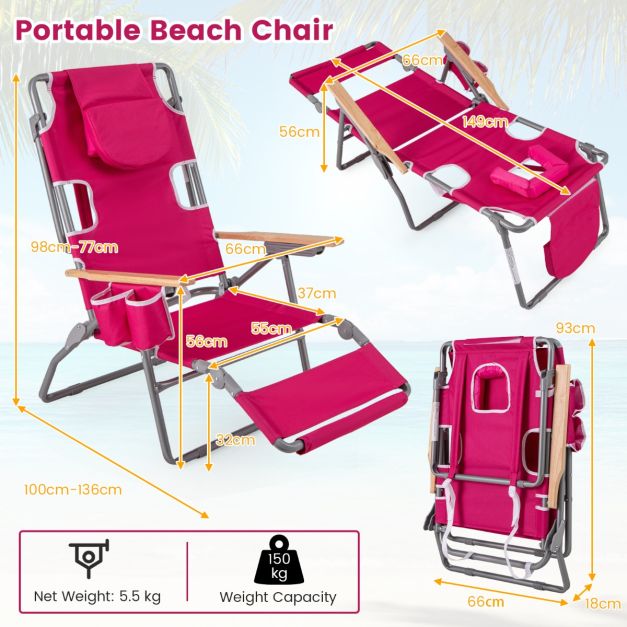 Coast Klappbarer Strandstuhl 66 x 149 x 56 cm – 3-in-1 – Fußstütze/Gesichtsausschnitt – Rosarot