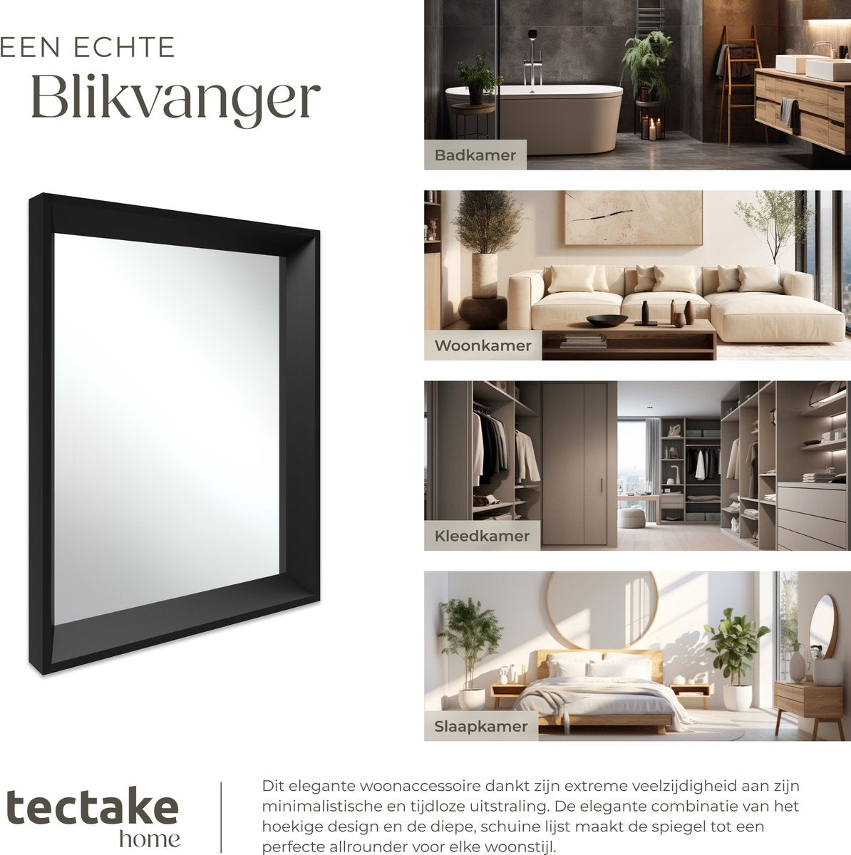 tectake® Wandspiegel Elina - 40,6 x 50,8 cm - Schwarz - Rechteckiger Kunststoffrahmen