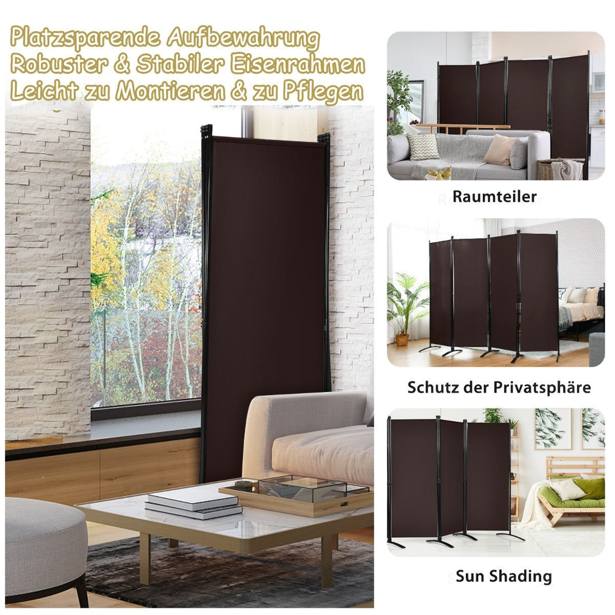 Coast 4-delige 173 cm High Room Divider draagbare partitie met stalen frame bruin