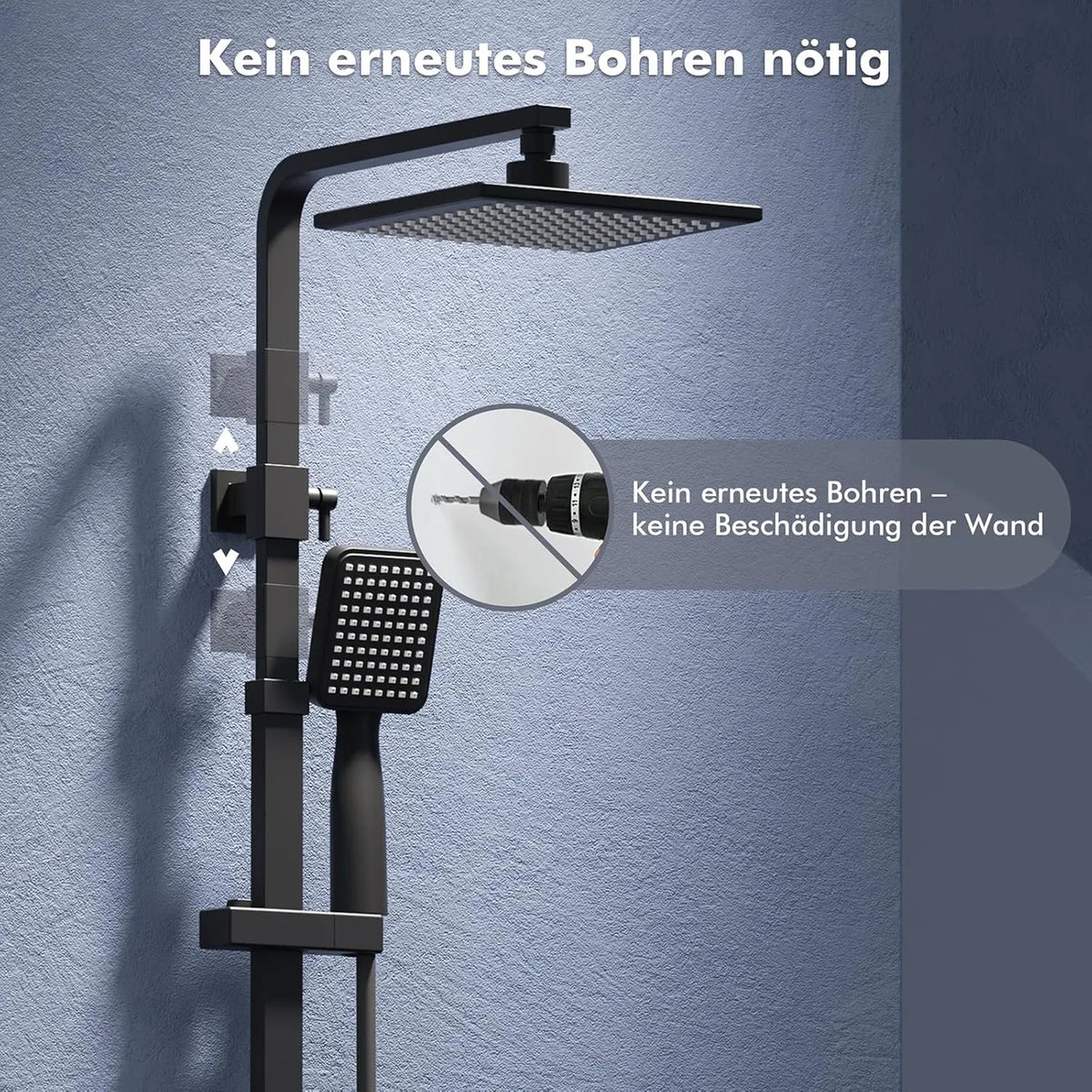 Homelody Regendusche-Set ohne Thermostat – quadratische Kopfbrause 20 x 20 cm – verstellbare Duschstange 73–115 cm – schwarz