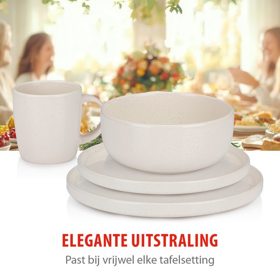 alpina Geschirrset 16-teilig - Tellerset 4 Personen - Steingutgeschirr - Frühstücksteller, Essteller, Schüsseln und Becher - Mikrowellen- und spülmaschinenfest - Creme