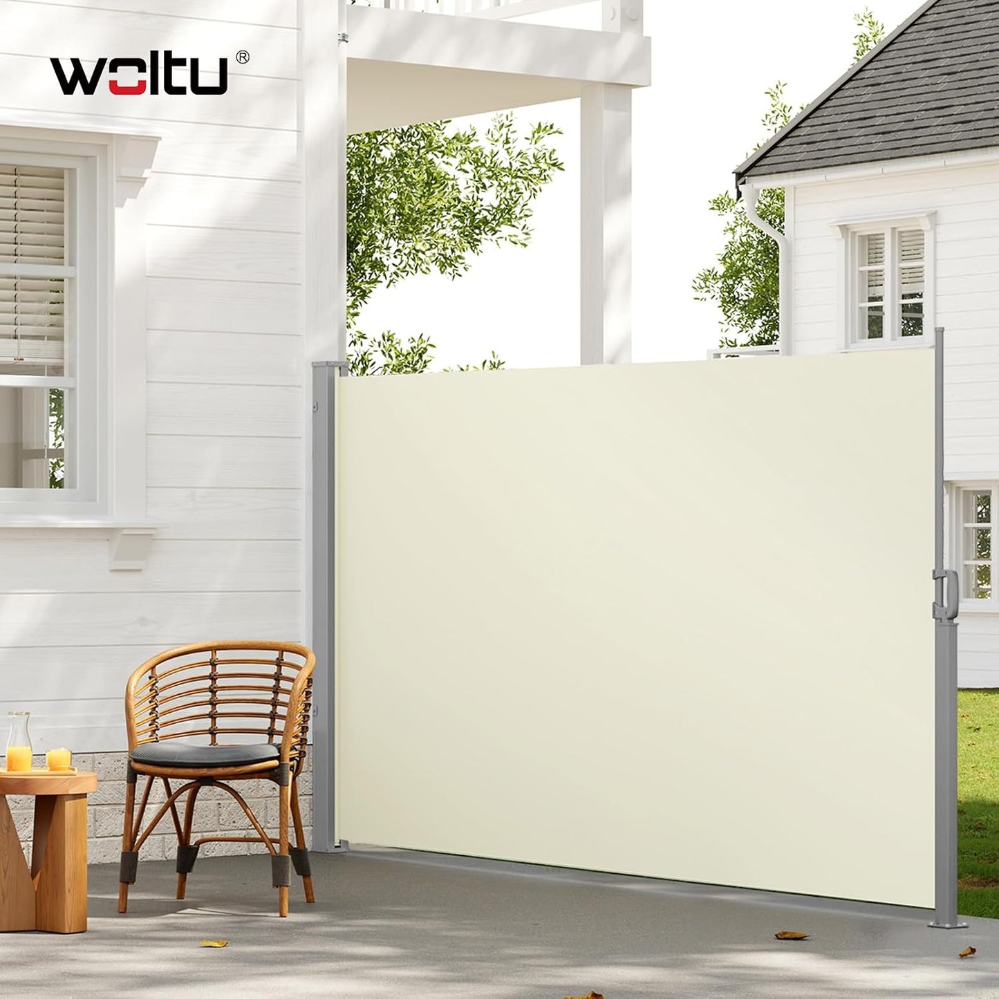 WOLTU Seitenmarkise, einziehbar, 180 x 350 cm – Sichtschutz – Sonnenschutz und winddicht – Cremefarben