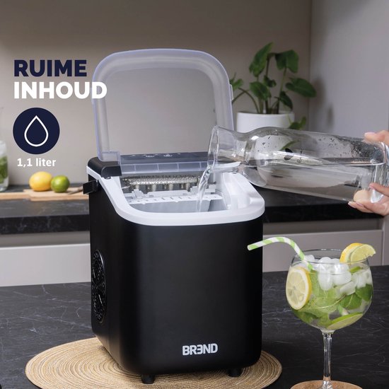 BREND Eiswürfelbereiter - Mit Schaufel und Tropfschale - Große oder kleine Eiswürfel - Tragbar - 10 kg in 24 Stunden - Schwarz