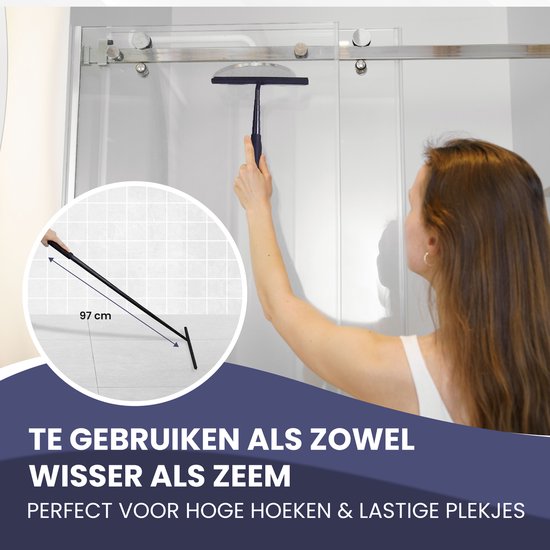 TTD® Duschwischer 2-in-1 mit ausziehbarem langem Stiel - 97 cm - Silikonwischblatt - Ergonomisch - Mit Mikrofasertuch und Aufhängehaken - Duschabzieher - Badezimmer-Bodenwischer - Bodenwischer - Schwarz
