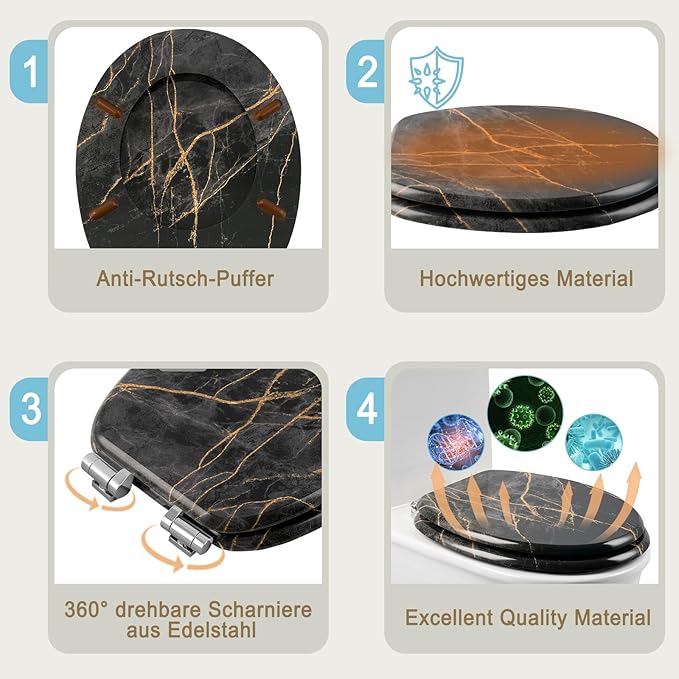 eSituro Toilettensitz mit Softclose-Mechanismus, universell einsetzbar – ausgestattet mit Schnellverschlusssystem, rutschfesten Polstern und dreiseitigem Transferdruck – für Toilette und Badezimmer – Mehrfarbiges MDF und Edelstahlscharniere – 375 x 440 mm
