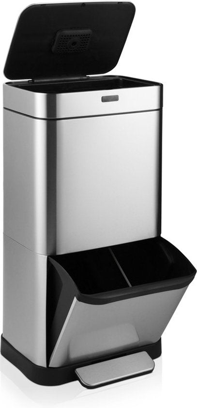 Umuzi Cleaning - Silberner Mülleimer - Mit Sensor und Pedal - 4 Fächer - Einfache Mülltrennung - Edelstahl - 70 Liter - Recycle - 42 x 30 x 80 cm