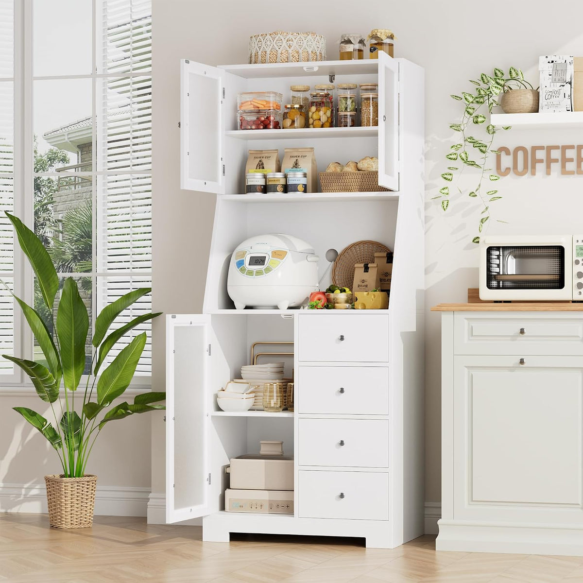 Hoher Küchenschrank mit Arbeitsplatte – 4 Schubladen und 3 Glastüren – 60 cm breit – Weiß