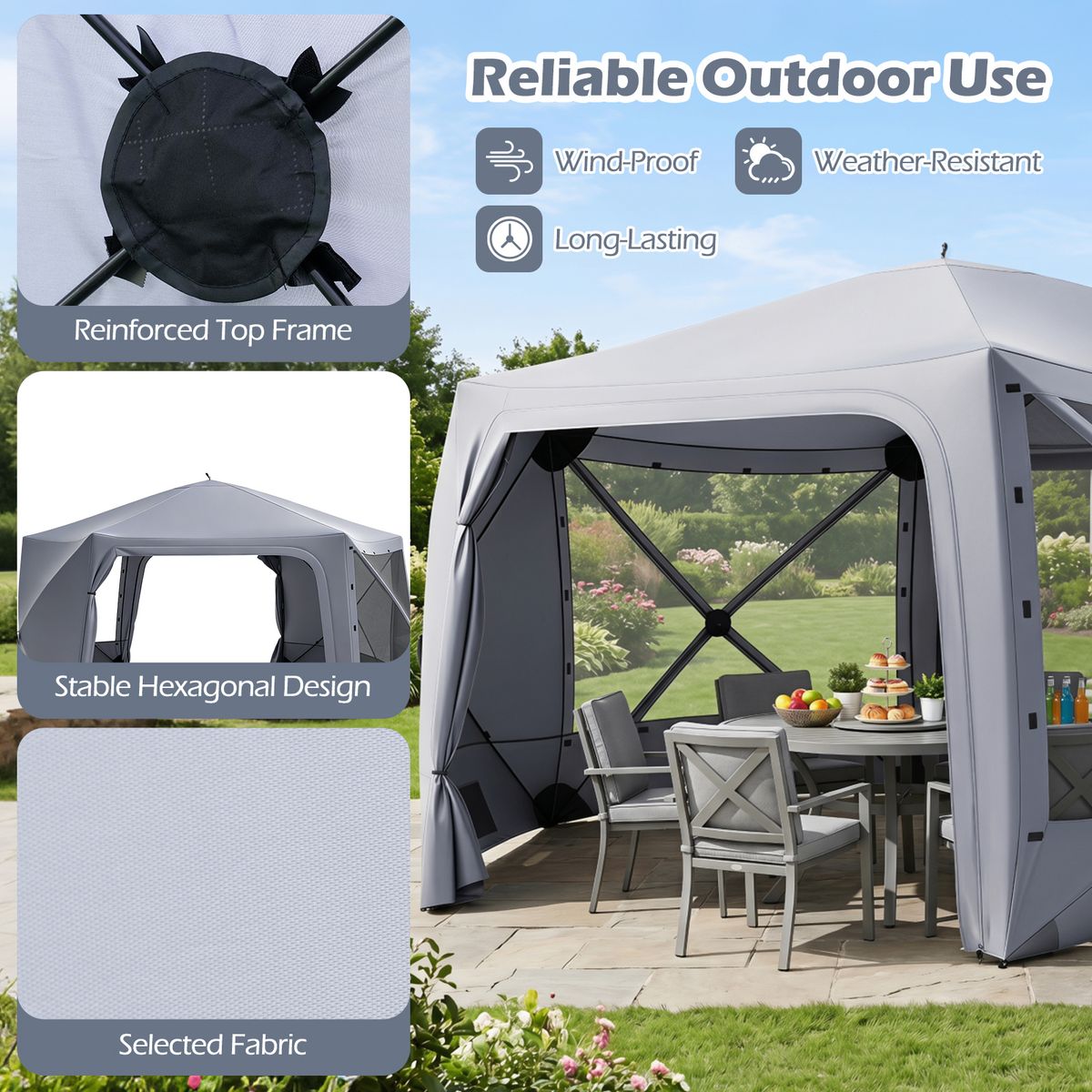 Coast Pop-up-Gartenpavillon – sechseckig – mit 6 Seitenwänden und Moskitonetzen – grau 427 x 427 cm
