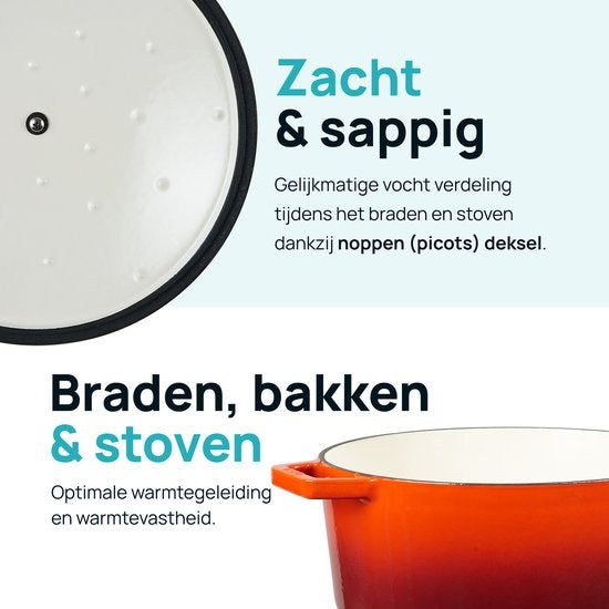 MOA Gusseisen-Kasserolle - Fassungsvermögen 5,7 Liter - 26CM - Rund - Alle Wärmequellen - Auch für Induktion - Gewicht 5,8 kg - Kirschrot - C26CB