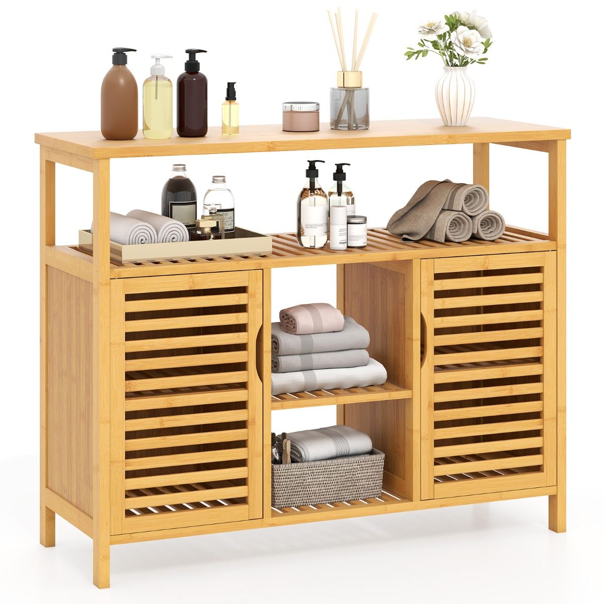 Coast Bambus-Badezimmerschrank – 2 Türen – offene Regalböden – natur – 100 x 35 x 80 cm