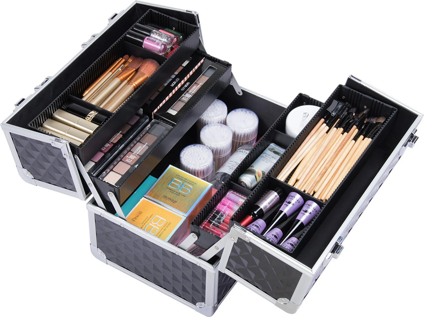 Yaheetech Schminkkoffer Beautycase - Mit 3 Schichten und verstellbaren Fächern und Schloss mit Schlüsseln - Für Kosmetiker und Friseure - Schwarzes Aluminium - 34,7 x 22,2 x 25 cm