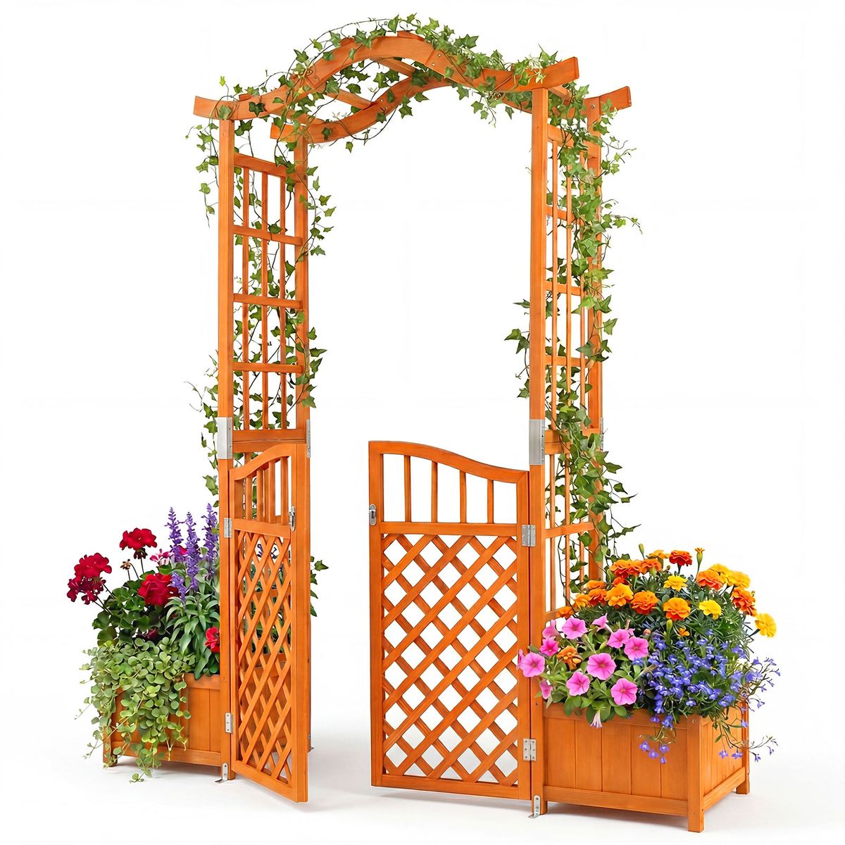 Coast Rosenbogen mit Pflanzkästen – Gartenbogen mit Klettergerüst und abschließbarem Tor – gelb – 185 x 18 x 210 cm