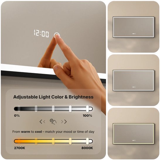 Mirlux Badezimmerspiegel mit LED-Beleuchtung und Heizung – Wandspiegel, rechteckig – beschlagfreier Duschspiegel – 120 x 60 cm – schwarzer Rahmen