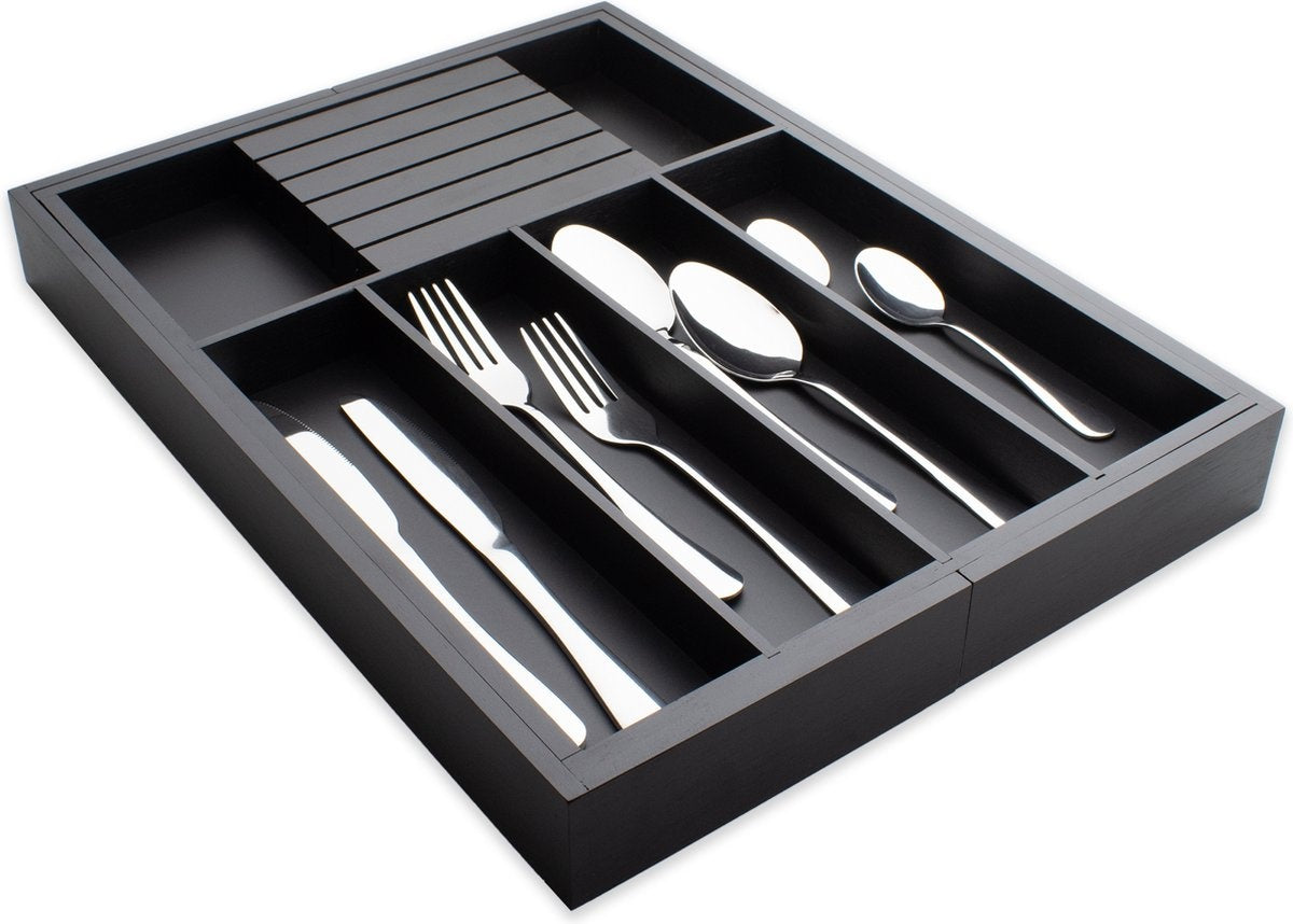 Nimma Besteckkasten - Ausziehbar - 7-Besteckschubladen - 43,5 cm tief - 5cm hoch - Bambusholz - Schwarz