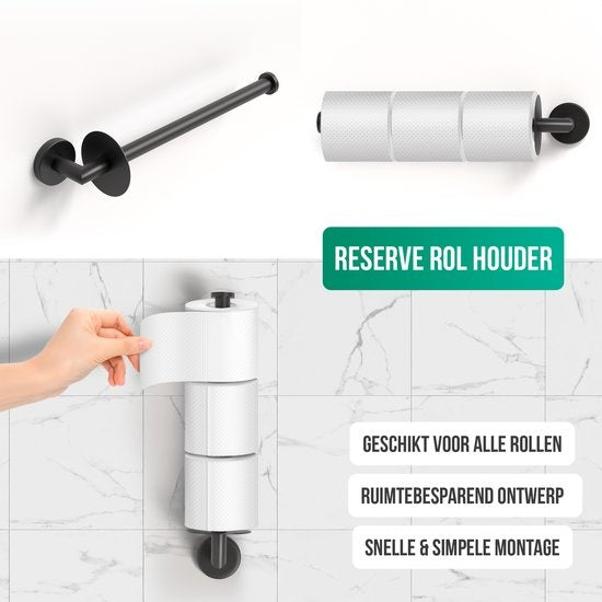 Avalo Toilettenzubehör Set Schwarz 4-teilig - Luxus-Toilettengarnitur - Toilettenbürste mit Halter / Toilettenpapierhalter / Ersatzpapierhalter / Handtuchhaken - inkl. Befestigungsmaterial