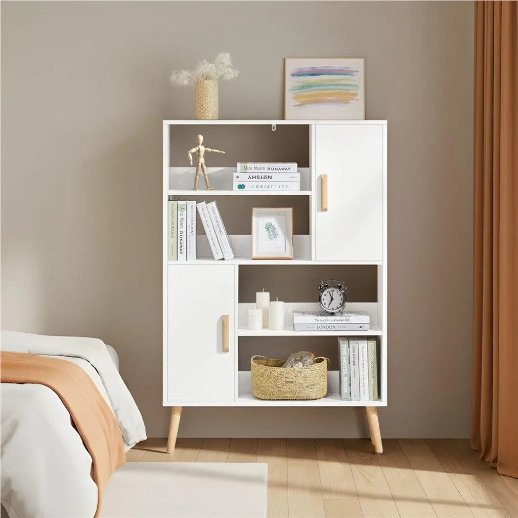 Yaheetech Bücherregal 80 x 23,5 x 120,5 cm – Weiß – Aufbewahrungsschrank mit 2 Türen und 4 offenen Fächern