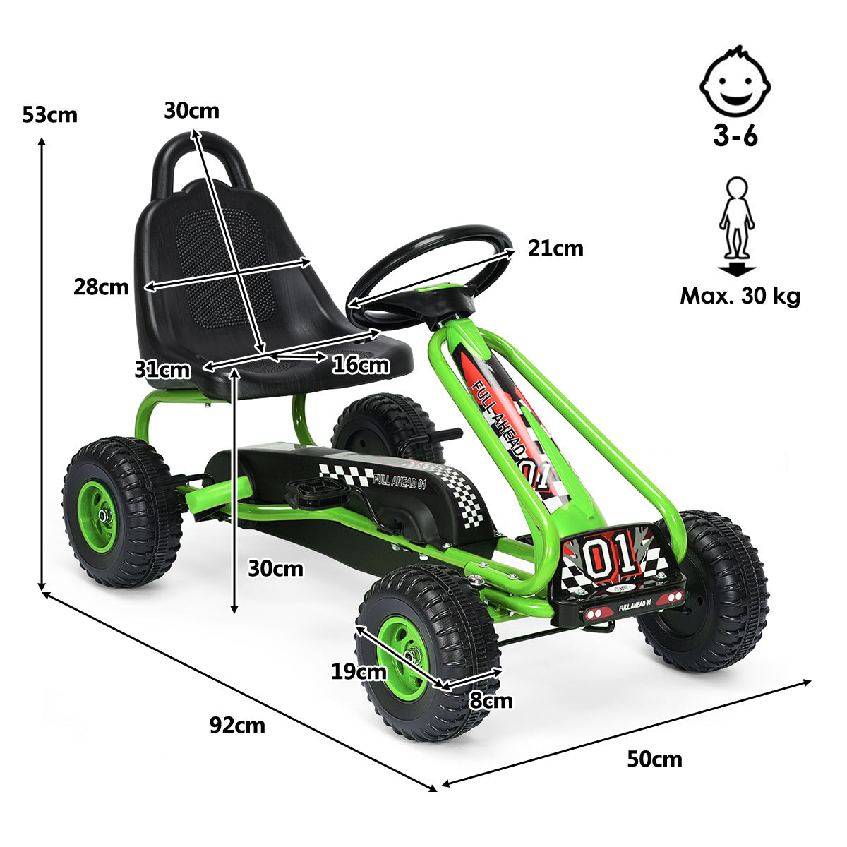 Coast Pedal Go Kart met verstelbare stoel 4 wielen Pedaal -aangedreven rit -op auto 92 x 50 x 53 cm groen + zwart