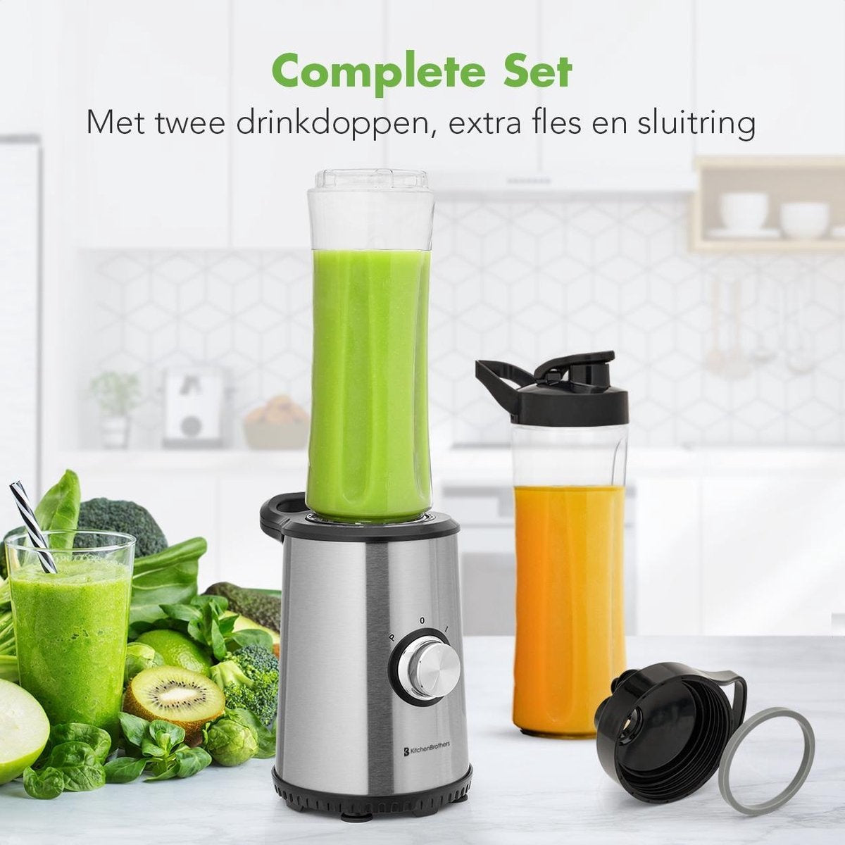 KitchenBrothers Mini Mixer - Smoothie Maker - 2 To-Go Becher - 350W - Edelstahl