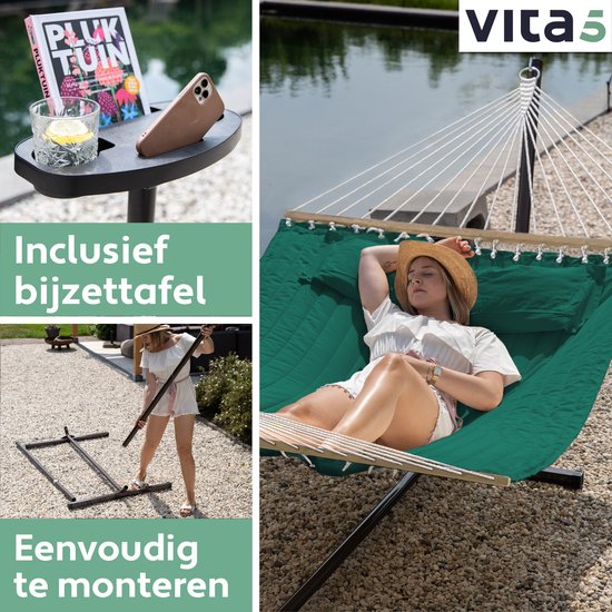 Vita5 Hängematte mit Ständer und Spreizstange – für 2 Personen – inkl. Getränkehalter – abnehmbares Kissen – UV-beständig – Grün