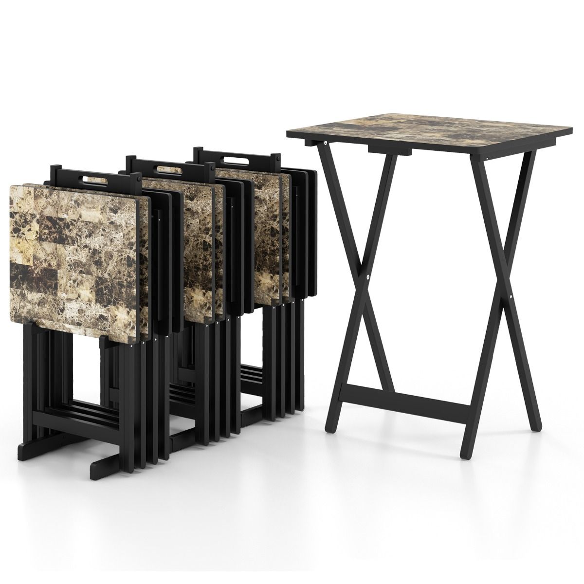 Coast 4-teiliges Klapptisch-Set - Klappbar - Mit Ständer - Marmoroptik - 48 x 40 x 67 cm - MDF/Kautschukholz - Schwarz