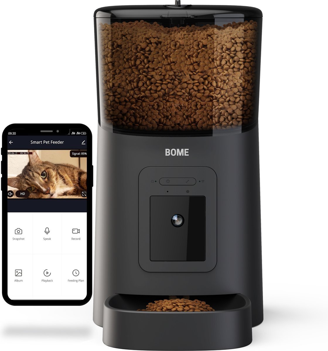 BOME - Ferngesteuerter Futterautomat für Katzen und Hunde - Kamera und Audio inkl. SD-Karte - Schwarz