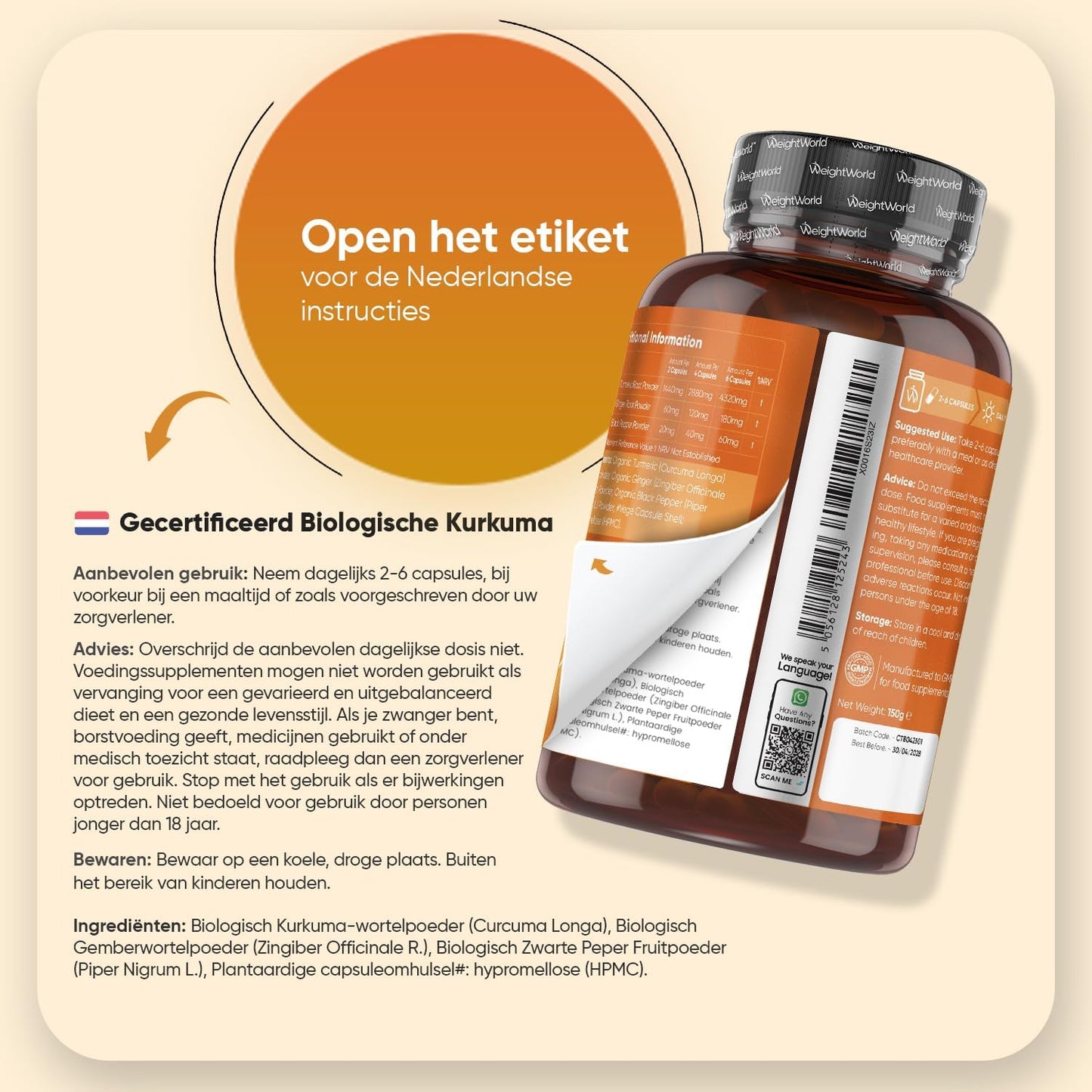 WeightWorld Bio-Kurkuma-Kapseln 1520 mg – Mit Ingwer und schwarzem Pfeffer – 180 vegane Kapseln – 3 Monate
